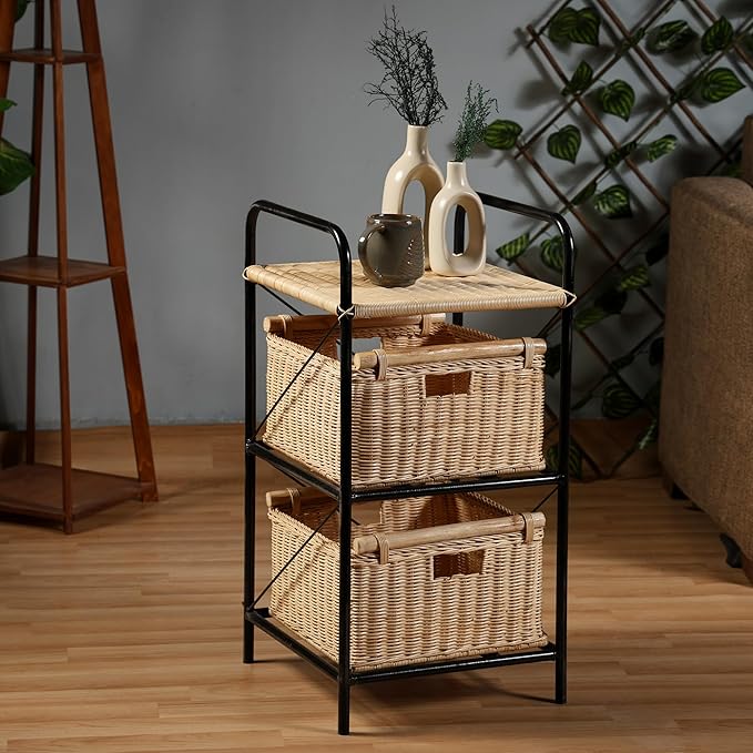 Rattan cane Kitchen Storage Rack with Baskets and Drawers | Space-Saving Fruits and Vegetables Organizer | Metal and Wicker Construction
